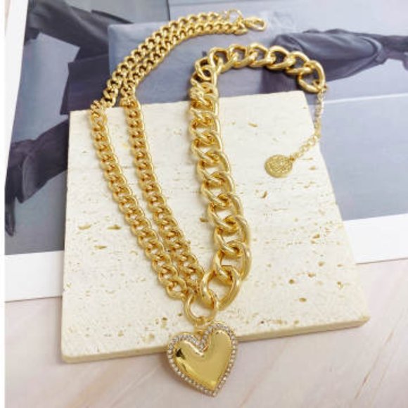 Large Heart 16" Gold and diamond cz Necklace - Picture 7 of 7